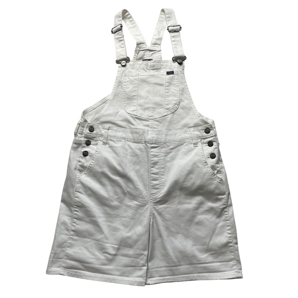 Lee White Short Bib Overalls Size Large Women's Cotton Relaxed Fit Comfy